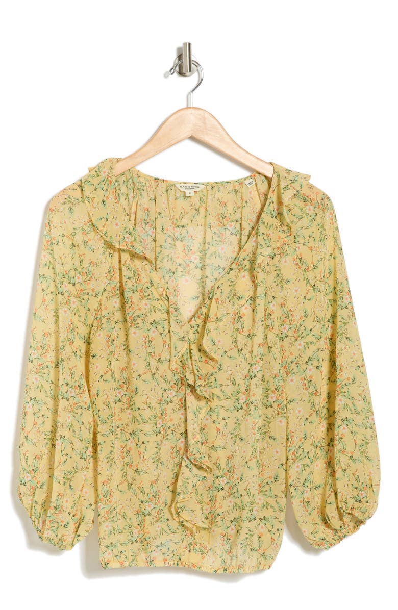 MAX STUDIO Print Ruffle Front Three-Quarter Sleeve Top, Alternate, color, Yellow Floral