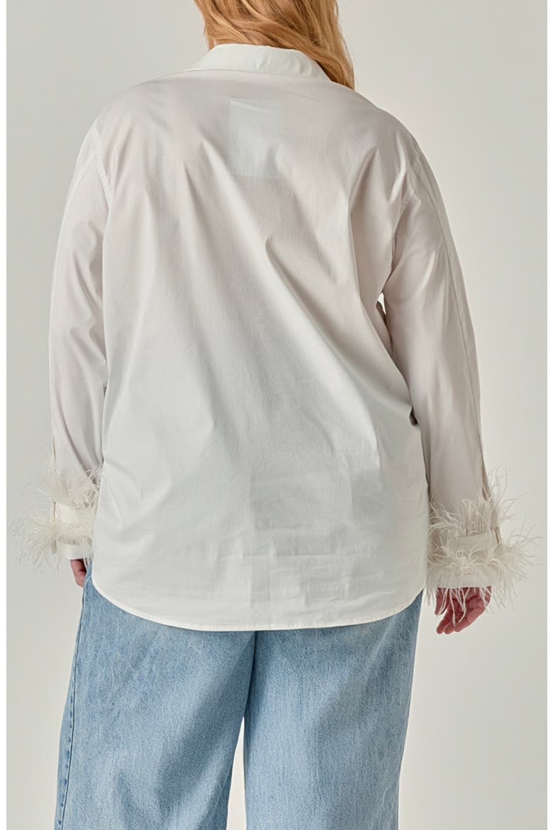 Faux Feather Trim Pointed Collar Shirt, Alternate, color, WHITE
