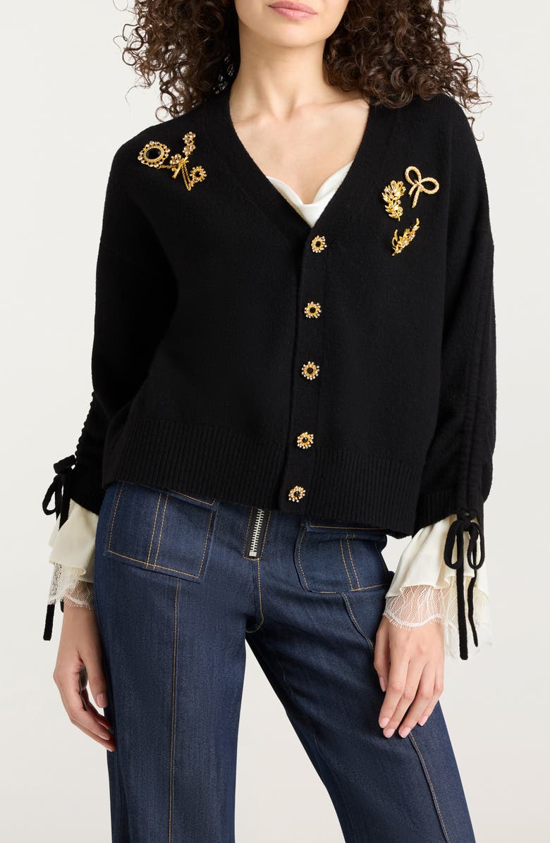 Cinq à Sept Atlas Brooch Detail Layered Look Cardigan, Main, color, Black