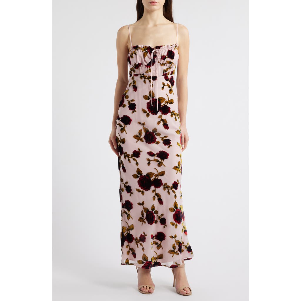 Shop Rare London Ruched Floral Devoré Slipdress In Pink Rose Print Devore