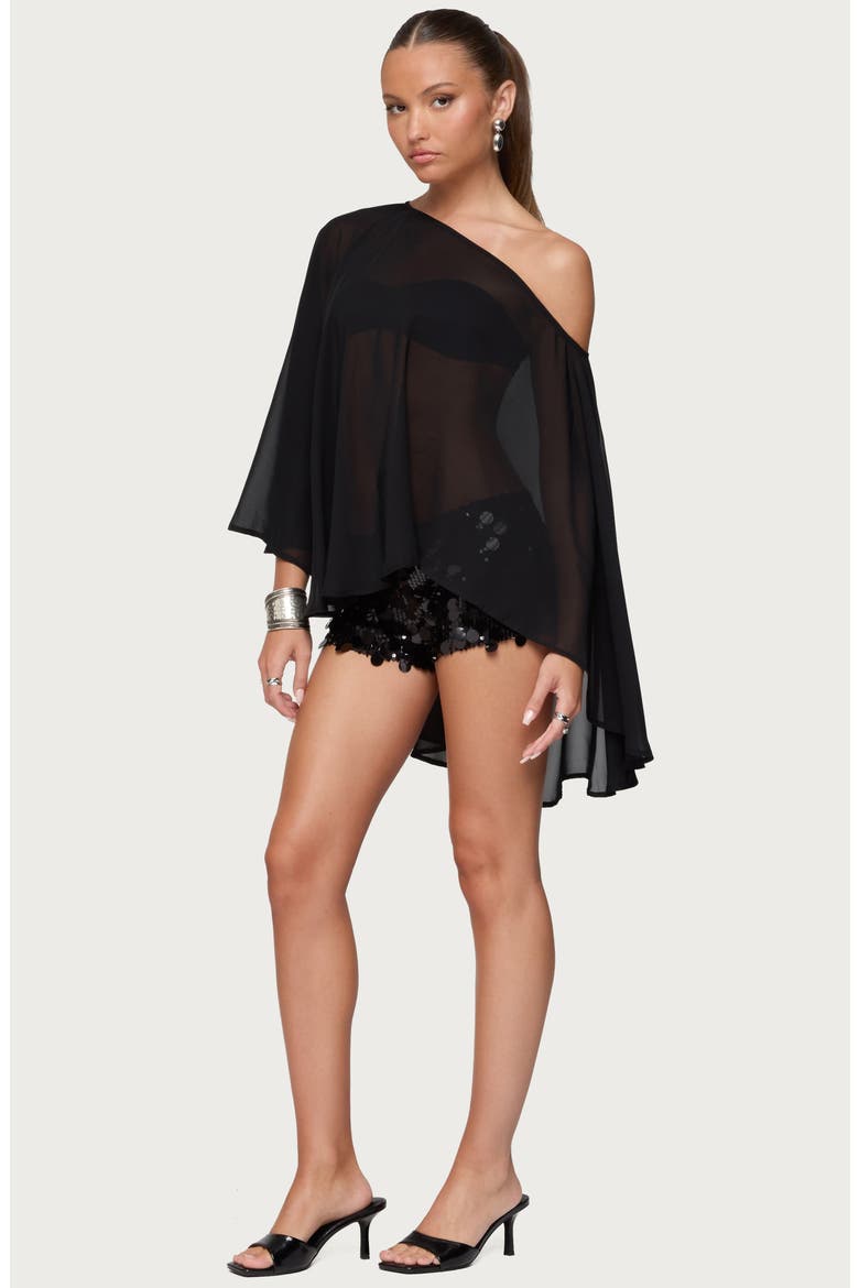 Sheer Chiffon One-Shoulder Poncho, Alternate, color, BLACK