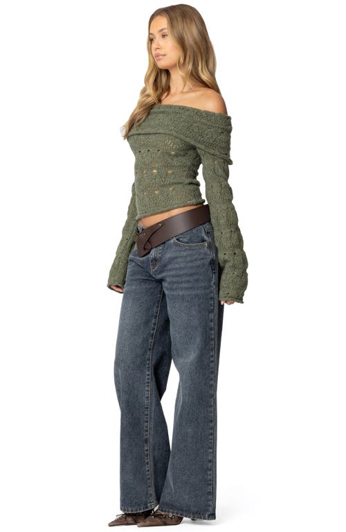 Edikted Kenna Off The Shoulder Long Sleeve Knit Top In Green