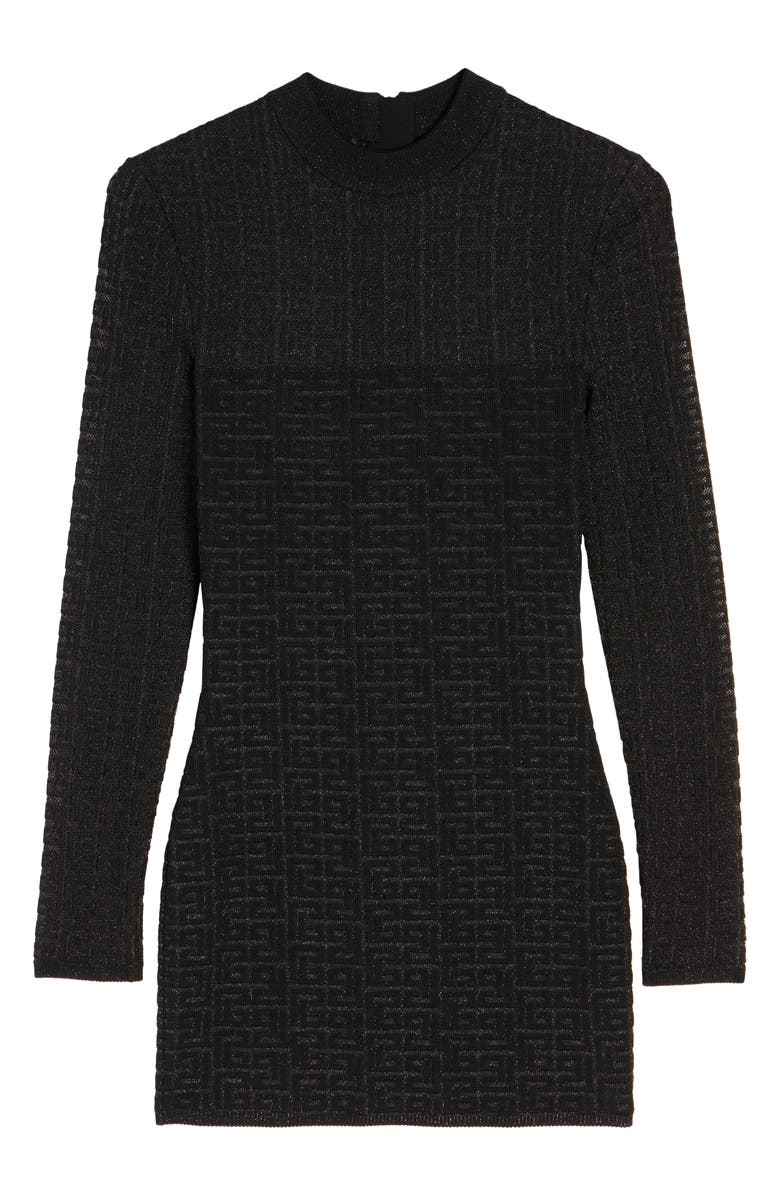 Balmain Metallic Long Sleeve Monogram Jacquard Mini Sweater Dress, Alternate, color,