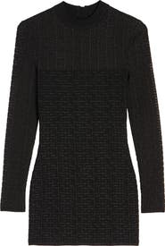 Balmain Metallic Long Sleeve Monogram Jacquard Mini Sweater Dress