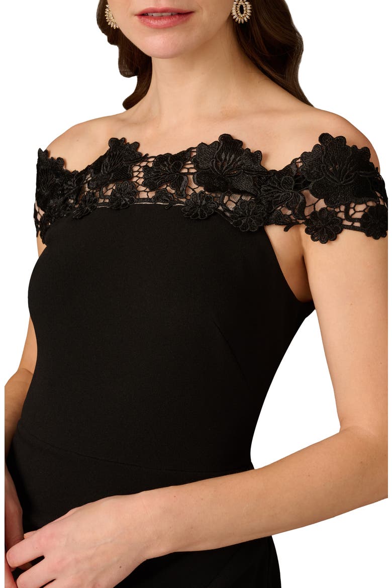 Lace Off the Shoulder Crepe Dress, Alternate, color, BLACK
