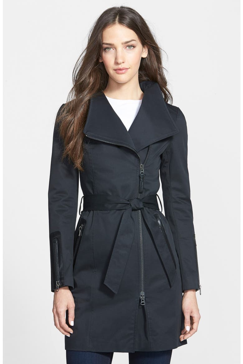 Leather Trim Asymmetrical Zip Long Trench Coat, Main, color, BLACK