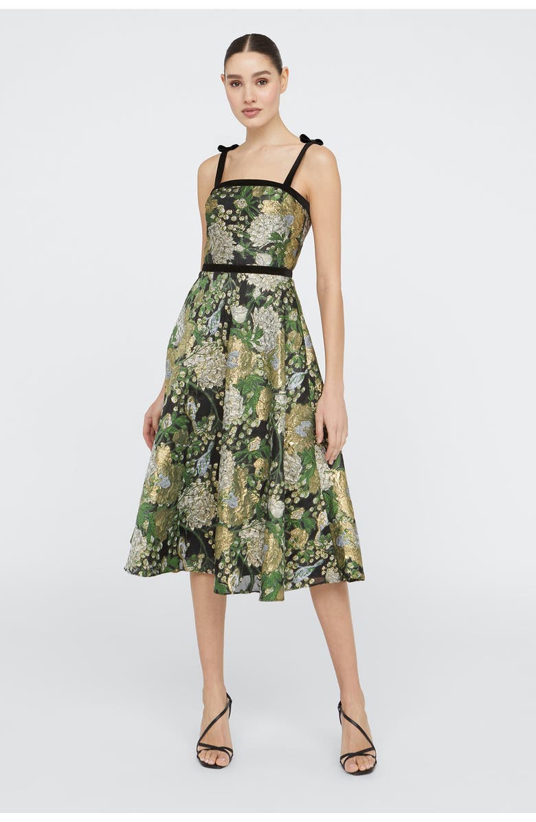 Theia Joni Velvet Bow Strap Dress, Main, color, Black / Gold