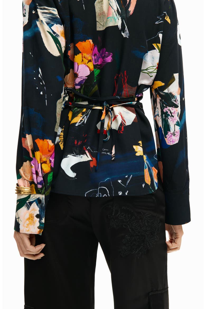 Printed Tie Back Button-Up Shirt, Alternate, color, BLACK