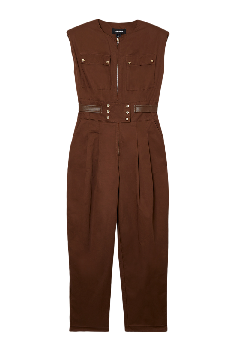 Cotton & Faux Leather Utility Jumpsuit, Alternate, color, Chocolate
