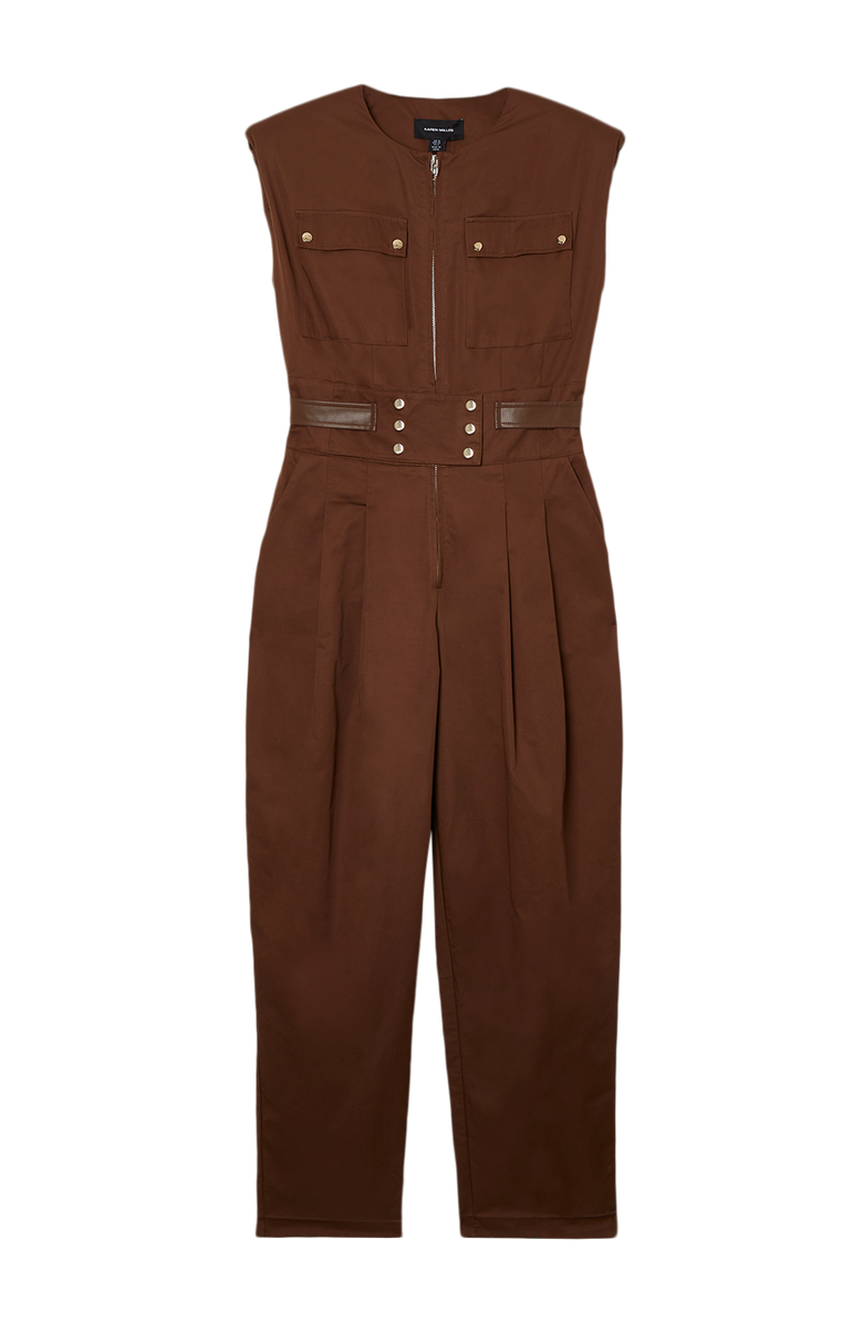 Karen Millen Cotton & Faux Leather Utility Jumpsuit, Alternate, color, Chocolate