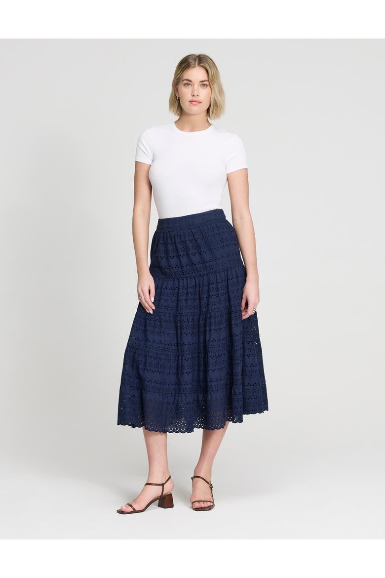 Siobhan Broderie Tiered Midi Skirt, Alternate, color, Navy