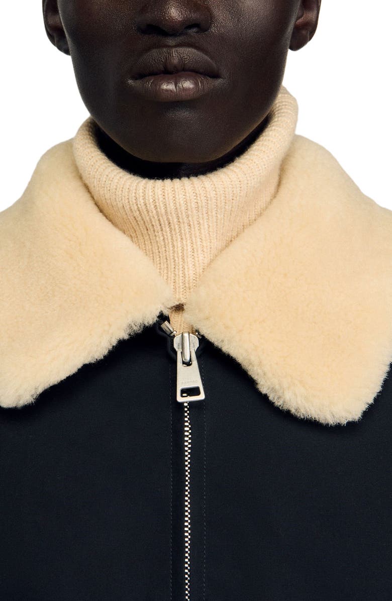 SANDRO Shearling collar aviator jacket, Alternate, color, Navy Blue
