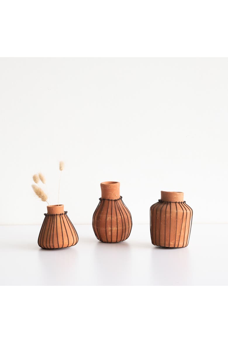 Set of 3 Natural Terracotta and Wire Decorative Bud Vases, Alternate, color, Brown