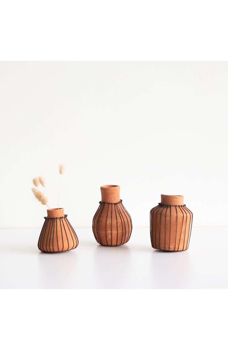 Foreside Home and Garden Set of 3 Natural Terracotta and Wire Decorative Bud Vases, Alternate, color, Brown