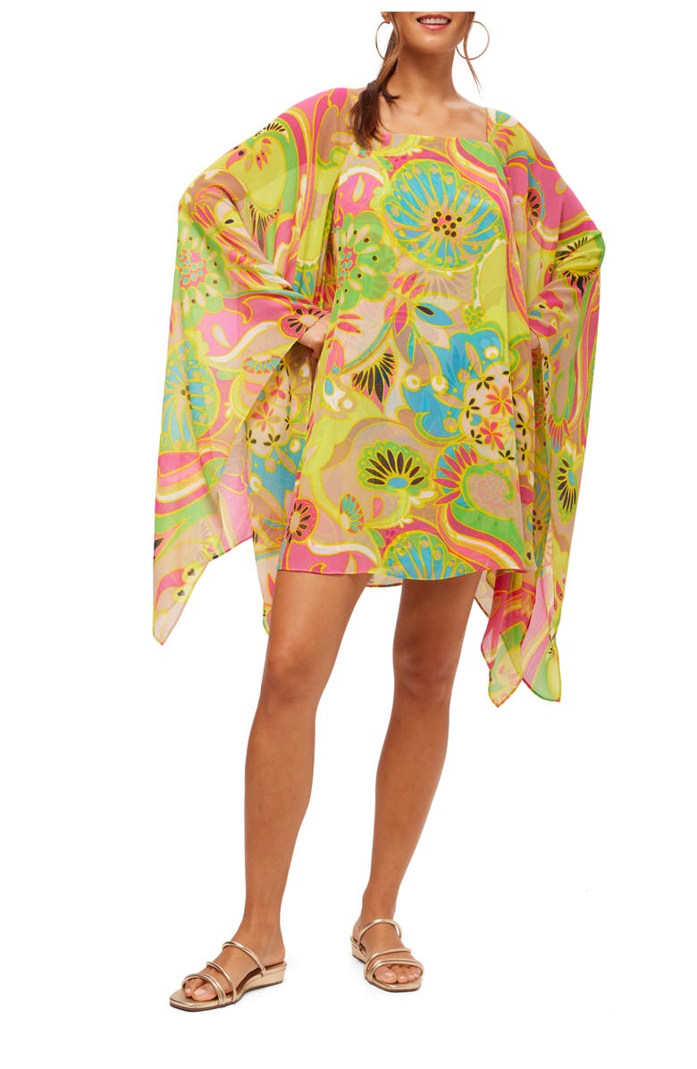 Trina Turk Flutter Bell Sleeve Printed Aqualane Dress, Main, color,