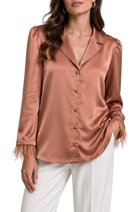Laine Feather Trim Satin Button-Up Top