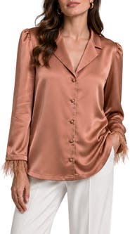 BY DESIGN Laine Feather Trim Satin Button-Up Top