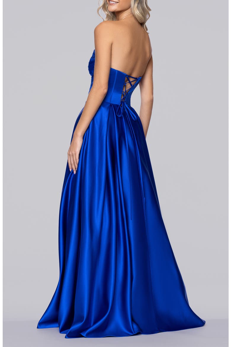 Bead Detail Strapless Satin Gown, Alternate, color, ROYAL