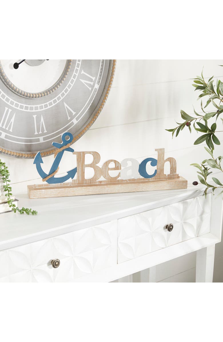 WILLOW ROW Brown Wood Beach Anchor Decorative Sign with Rope Detail, Alternate, color,