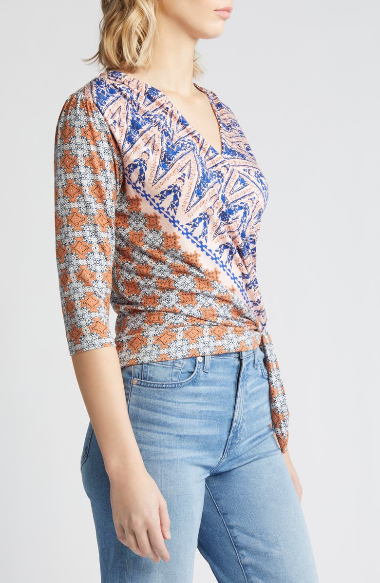 Loveappella Print Tie Waist Faux Wrap Top, Alternate, color, Blush