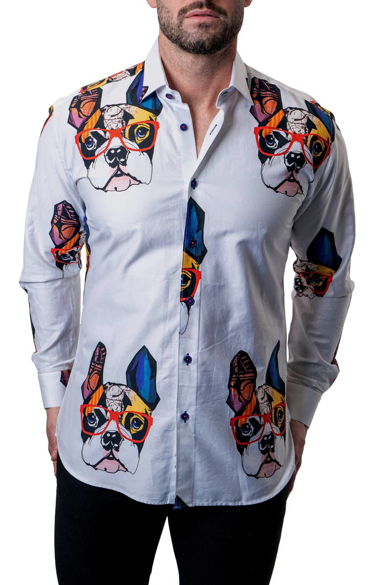 Maceoo Fibonacci Frenchie Frame White Contemporary Fit Button-Up Shirt, Alternate, color,