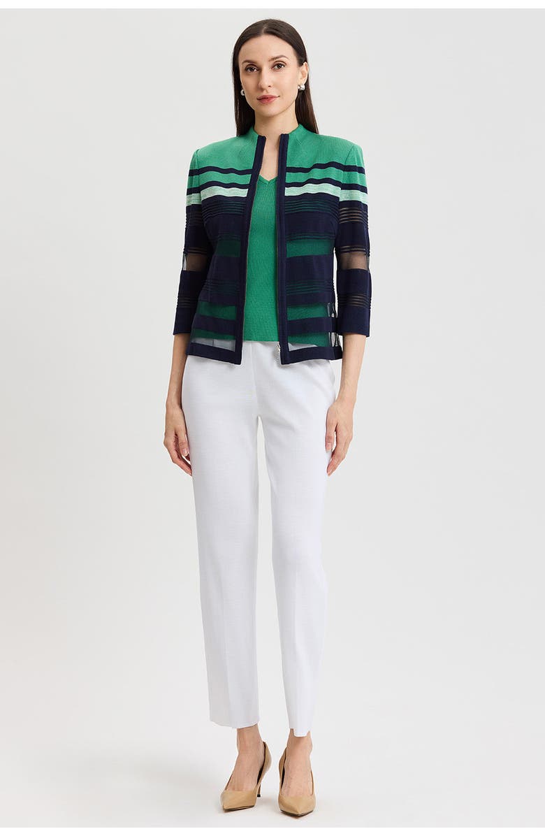 Ming Wang Heritage Zip-Front Sheer Knit Jacket, Alternate, color, Kelly Green/Indigo/Ivory