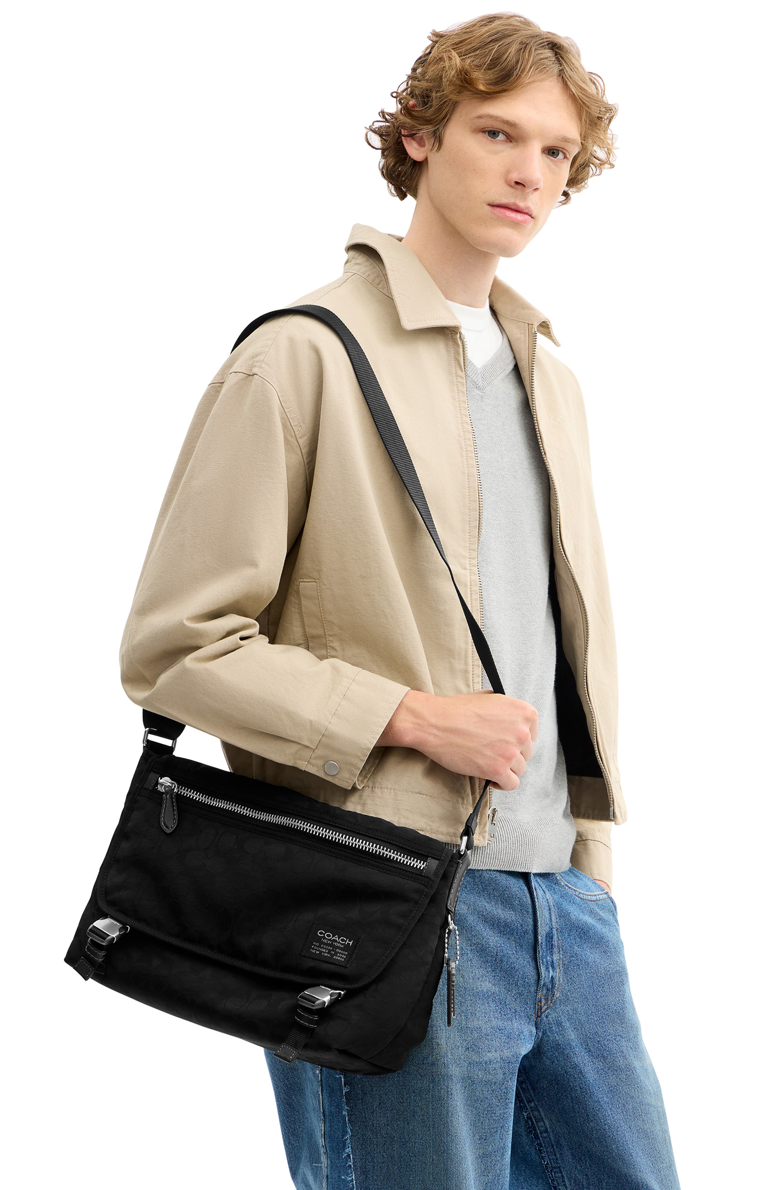 COACH Signature Nylon Messenger Bag, Alternate, color, Black