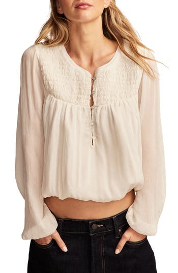 Lucky Brand Smocked Yoke Bubble Crop Top In White