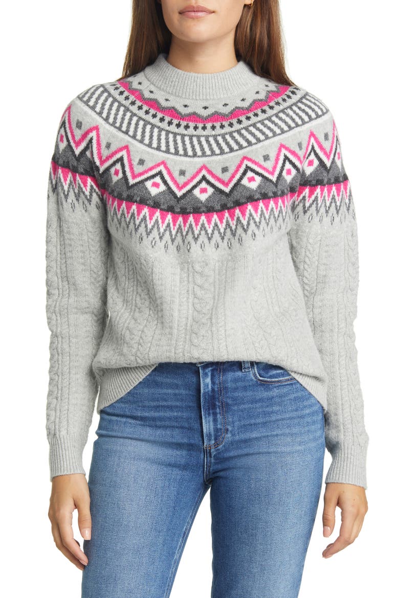 Fair Isle Cable Knit Sweater, Main, color, GREY HEATHER- PINK FAIRISLE