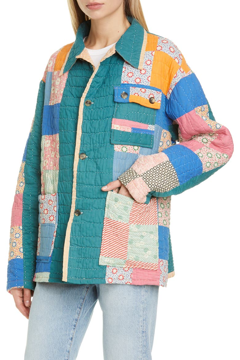 One of a Kind Reworked Quilt Floral Nine Patch Workwear Jacket, Alternate, color, BRIGHT PASTEL/FLORAL MULTI