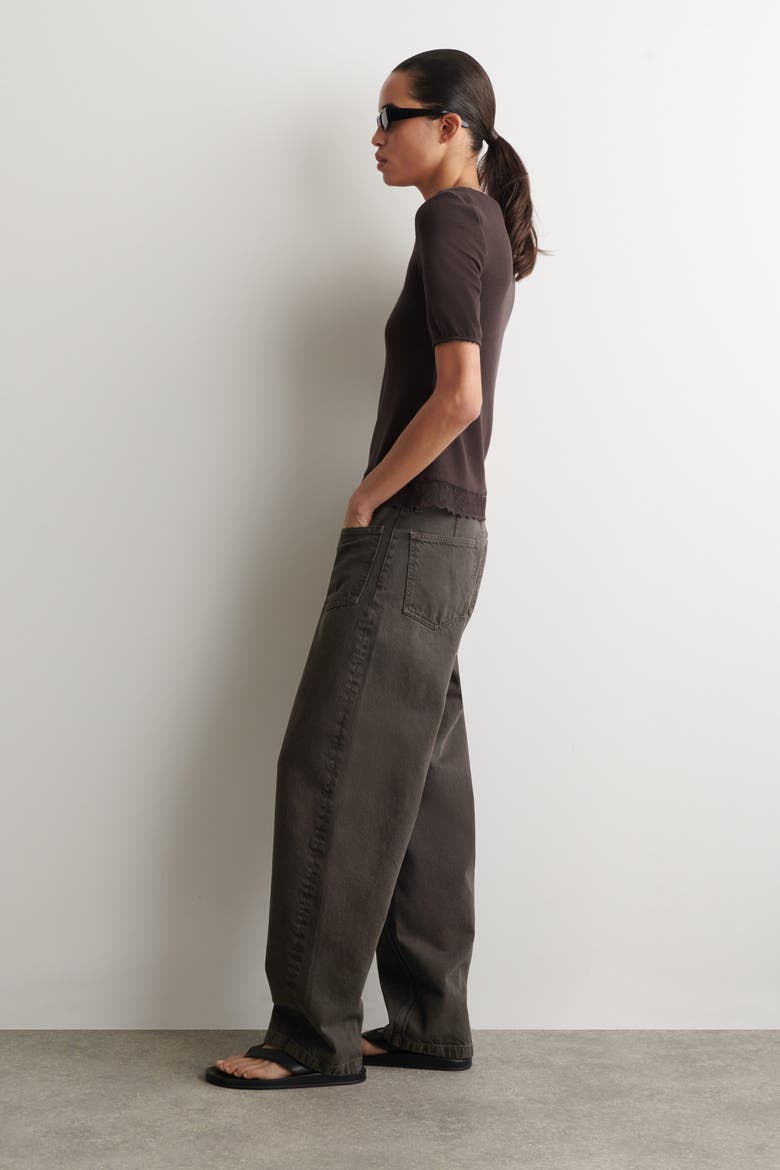 Lace-Trimmed Ribbed V-Neck T-Shirt, Alternate, color, DARK BROWN