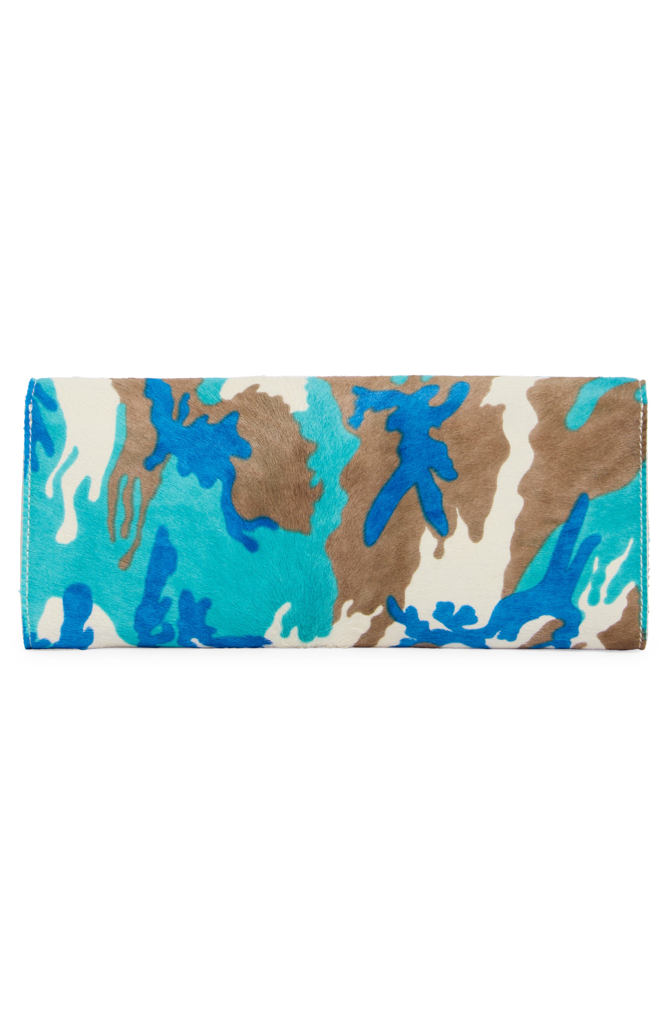 Longchamp Deep Camo Genuine Calf Hair Clutch, Alternate, color, Turquoise