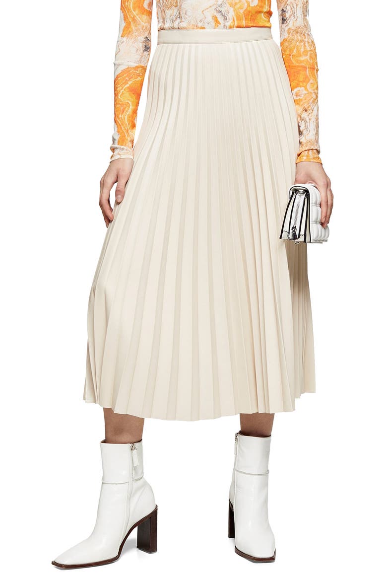 Pleated Faux Leather Midi Skirt, Main, color, CREAM