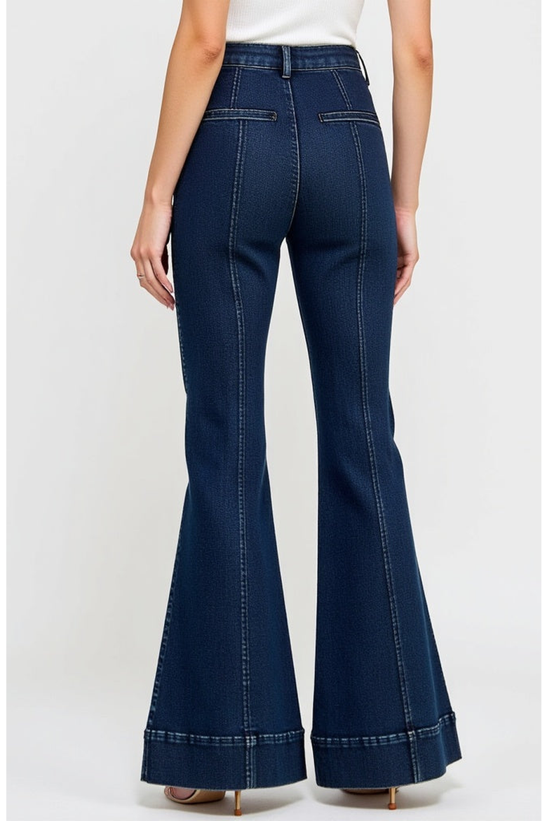 High Waist Flare Jeans with Cuffed Hem and Front Patch Pockets, Alternate, color, Dark Wash Blue