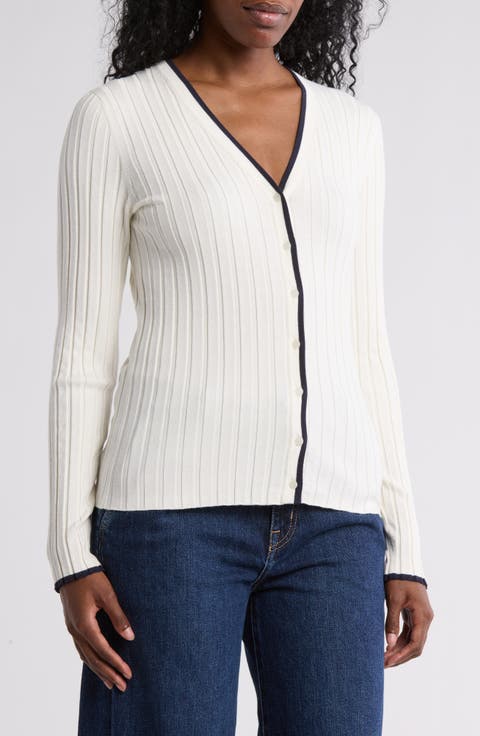 Tipped V-Neck Ribbed Cardigan