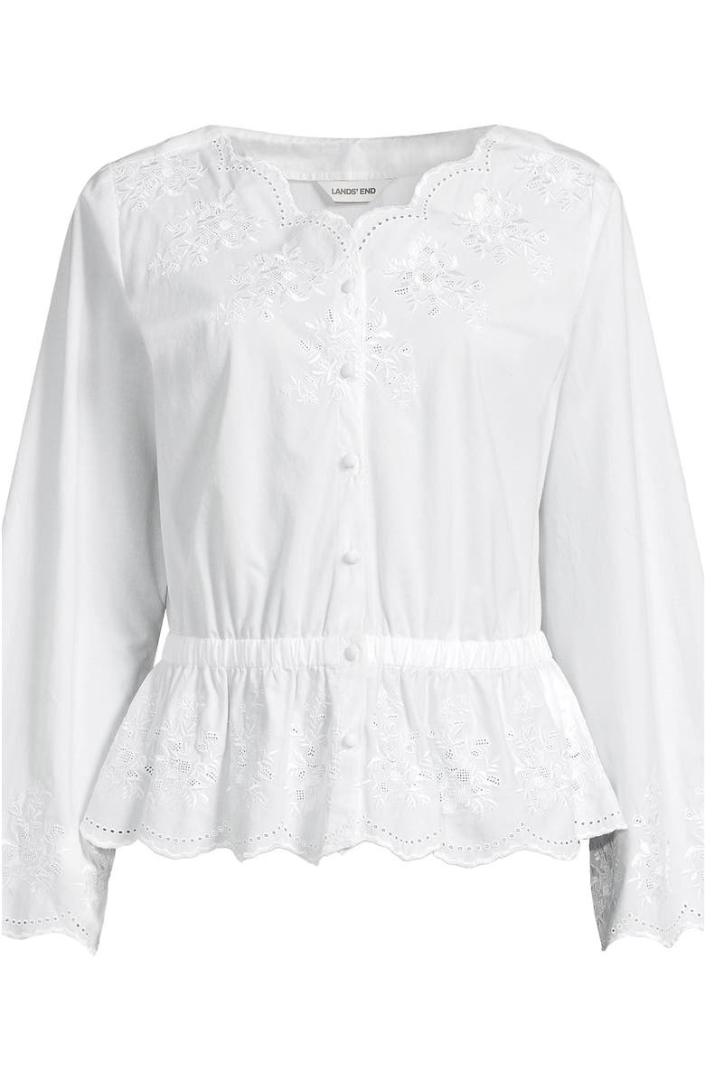 Lands' End Embroidered Poplin Long Sleeve Blouse, Alternate, color, White