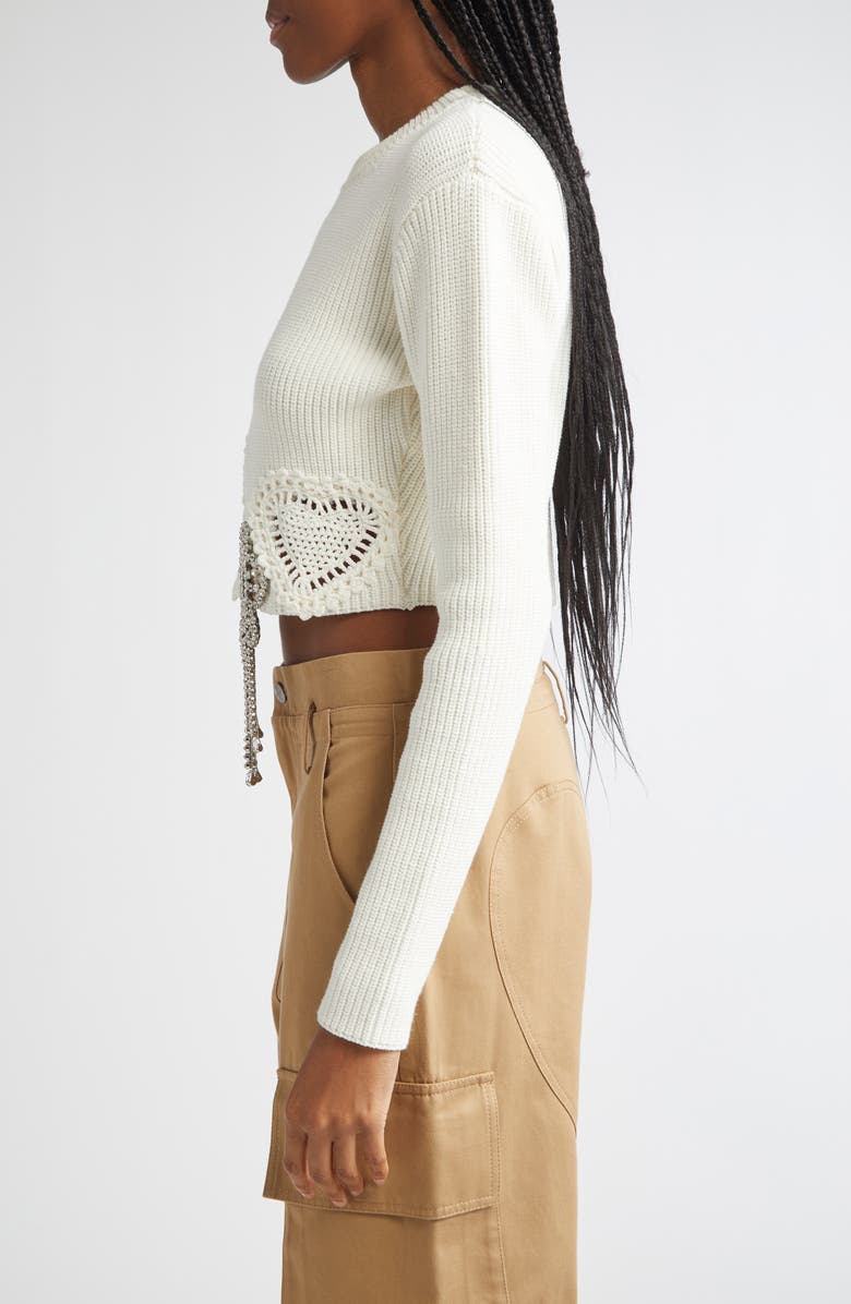 Area Crystal Flower & Crochet Heart Appliqué Crop Rib Sweater, Alternate, color, Off White