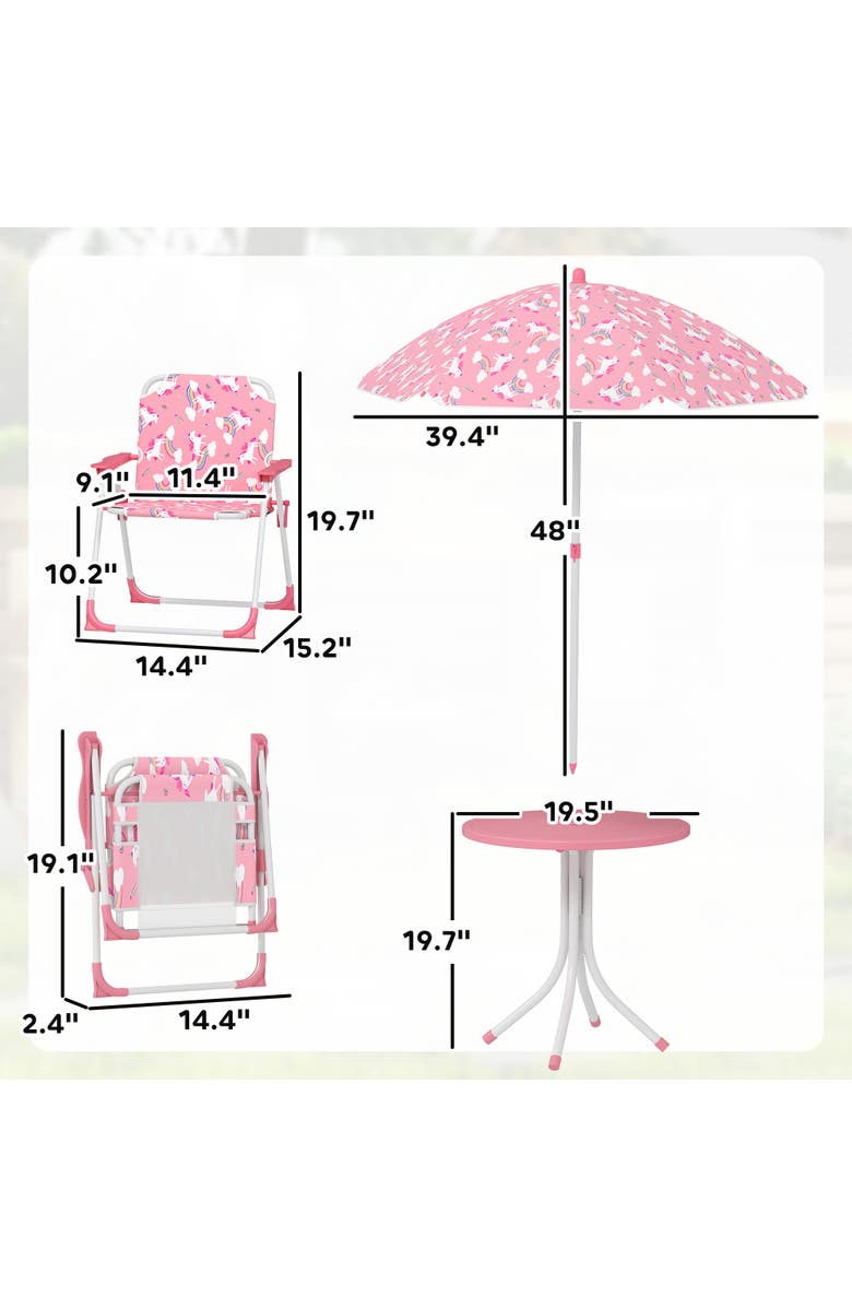 Qaba Kids Outdoor Picnic Table with Folding Chairs and Umbrella, Alternate, color, Pink