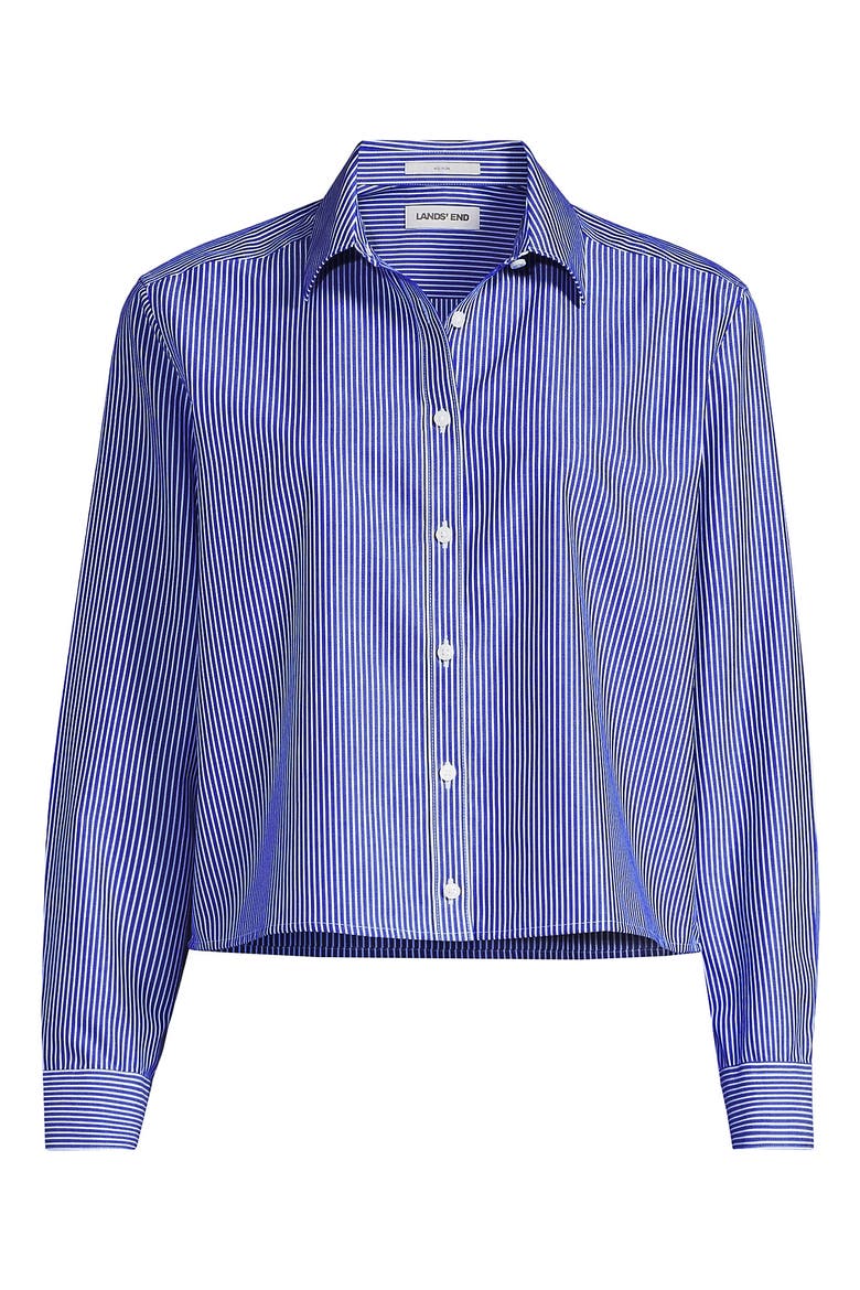 Plus Size No Iron Boxy Cropped Shirt, Alternate, color, Sapphire Gem Thin Stripes