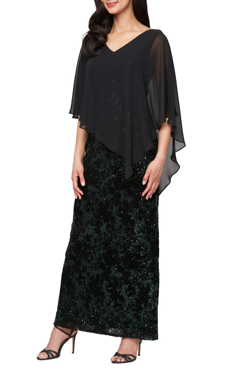 SL FASHIONS Chiffon Capelet Sequin Gown, Main, color, Black/Emerald