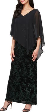 SL FASHIONS Chiffon Capelet Sequin Gown