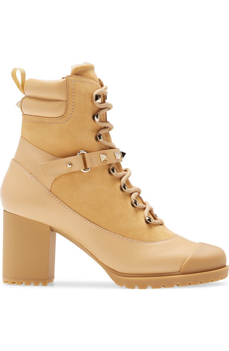 Valentino Garavani Rockstud Genuine Shearling Lined Combat Boot, Alternate, color,