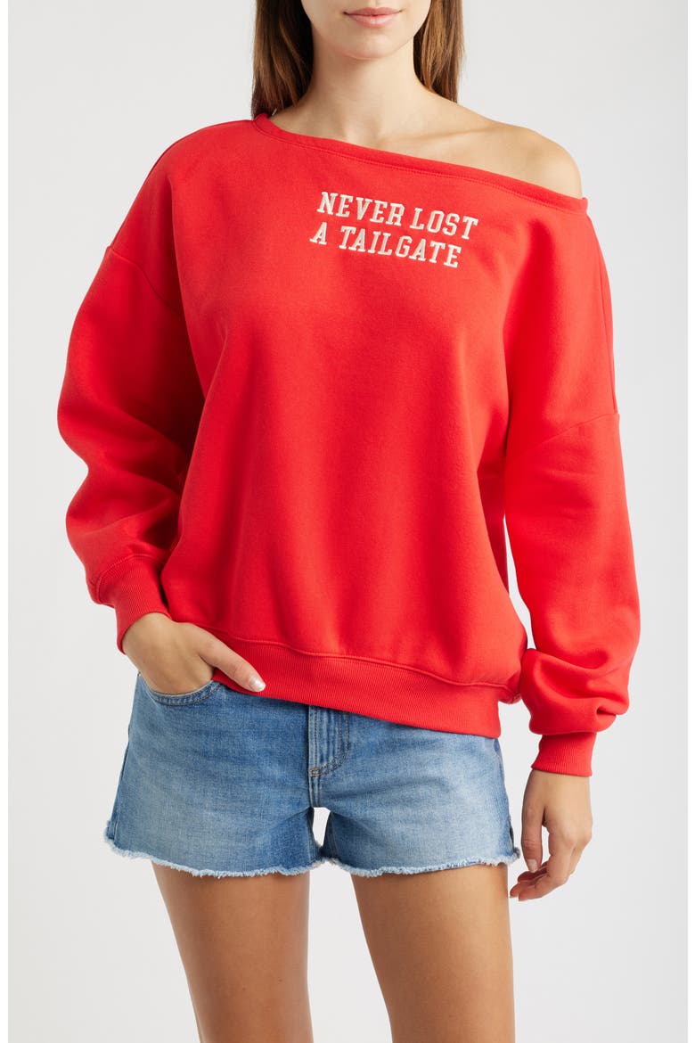 Tailgate Off the Shoulder Embroidered Sweatshirt, Main, color, RED