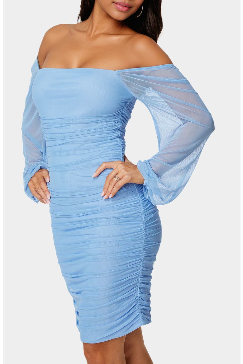 Ruched Off the Shoulder Long Sleeve Body-Con Dress, Alternate, color, BLUE