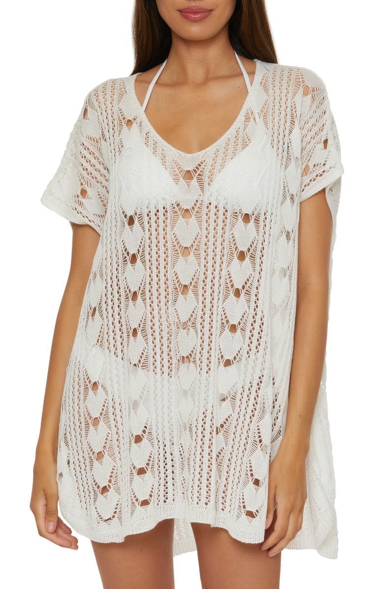 Becca Venica V-Neck Open Knit Cover-Up Sweater Tunic, Main, color, White