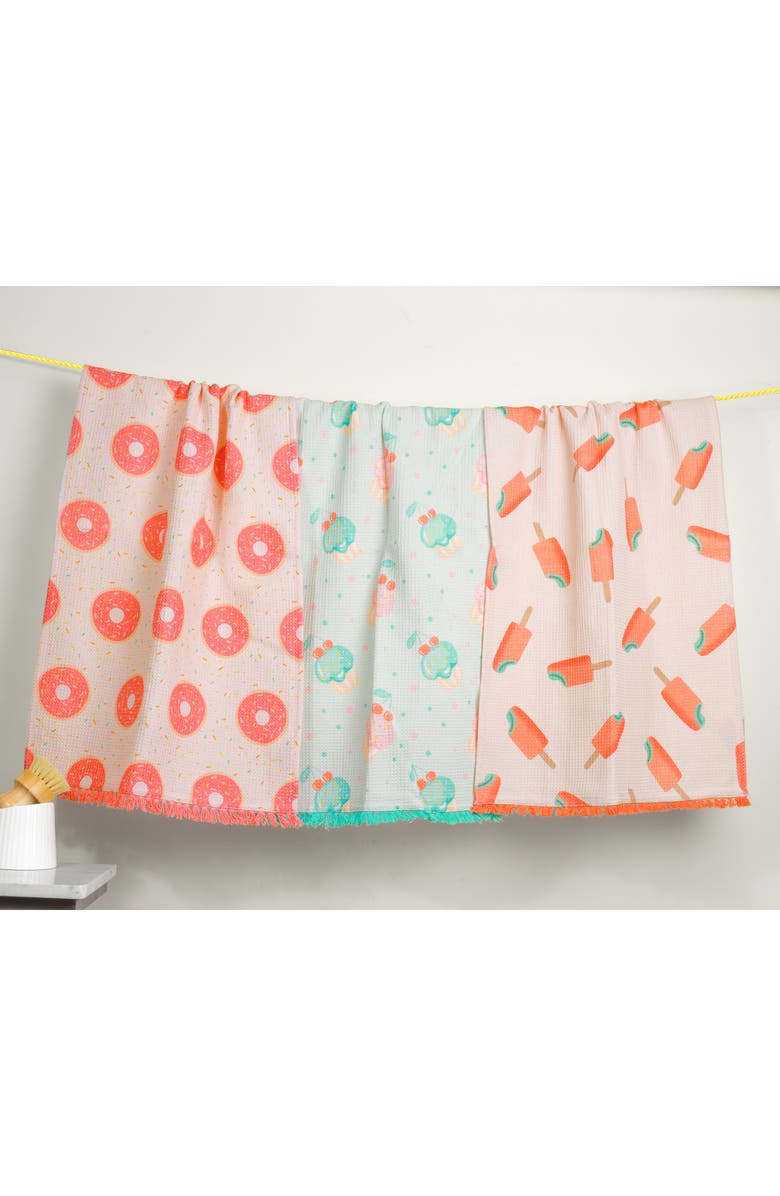 Tiramisu Sweet Tooth Set of 3 Cotton Waffle Kitchen Towels, Alternate, color, Pastel Pink/ Mint