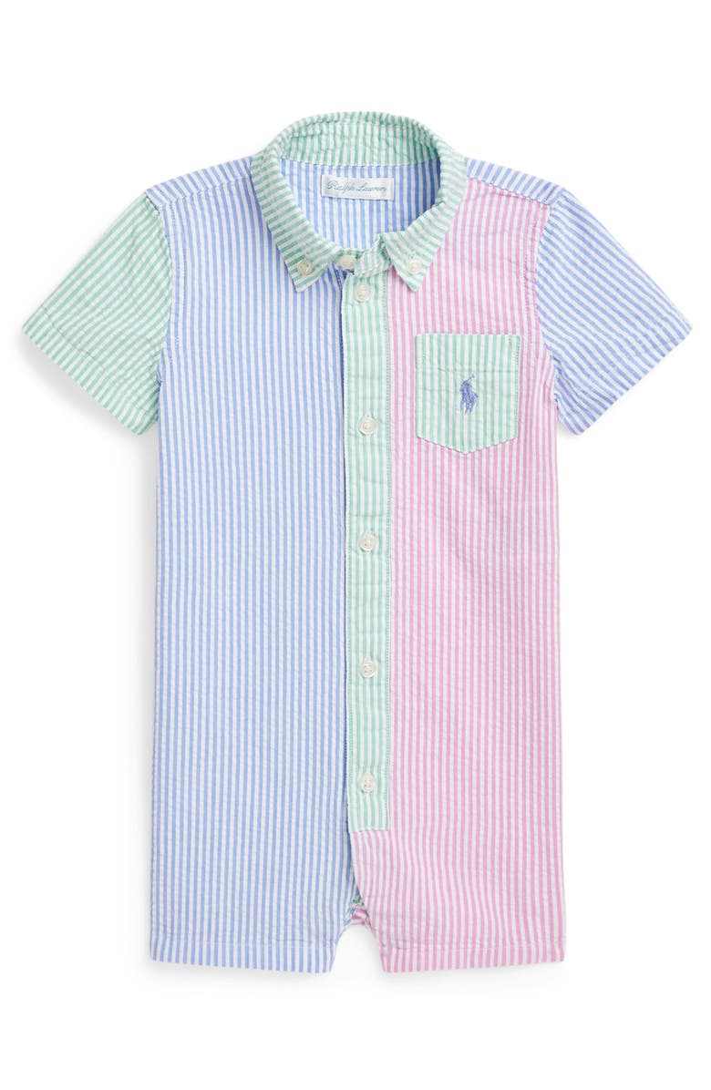 Ralph Lauren Colorblock Cotton Seersucker Button-Down Romper, Main, color, 