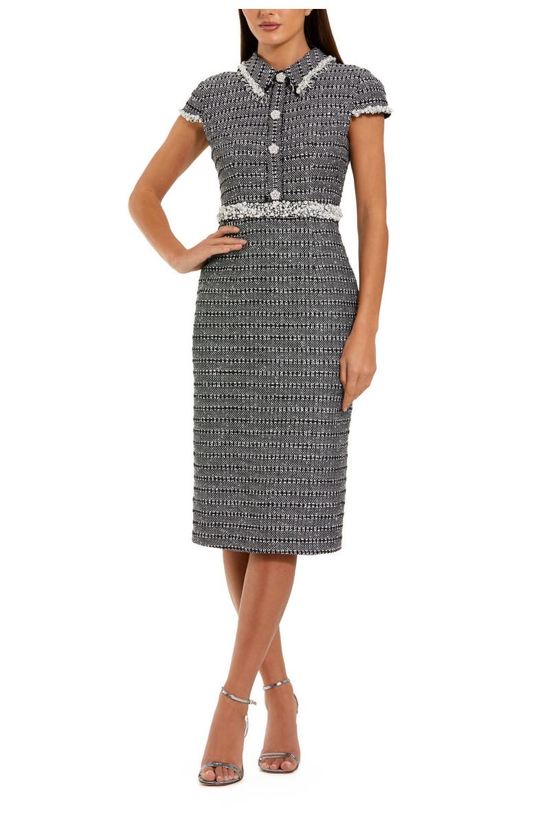 Mac Duggal Cap Sleeve Boucle Midi Dress, Main, color, Black White