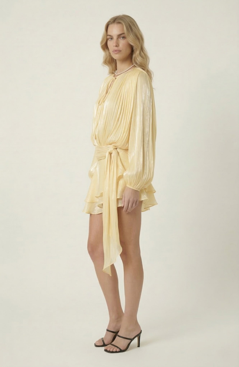Modenaire Pleated Long Sleeve Mini Dress with Tie Waist and Keyhole Neck, Alternate, color, Pale Yellow
