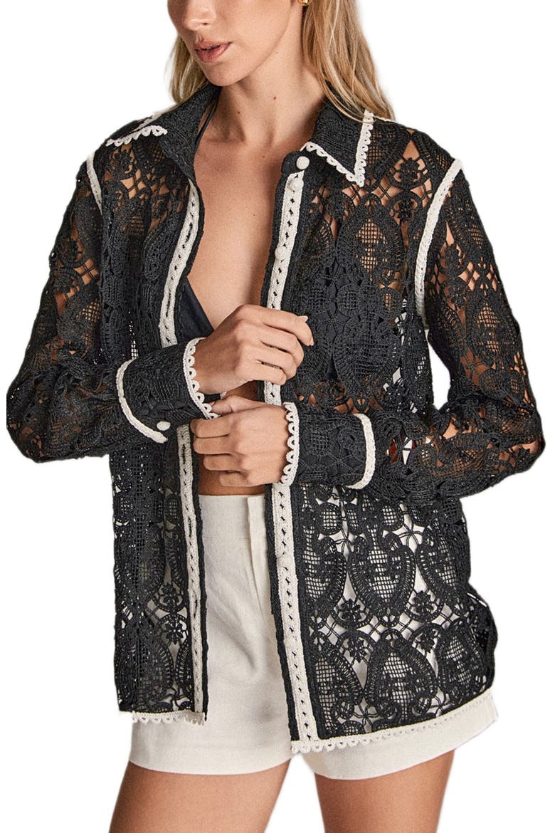 Crochet Button-Up Shirt, Alternate, color, BLACK